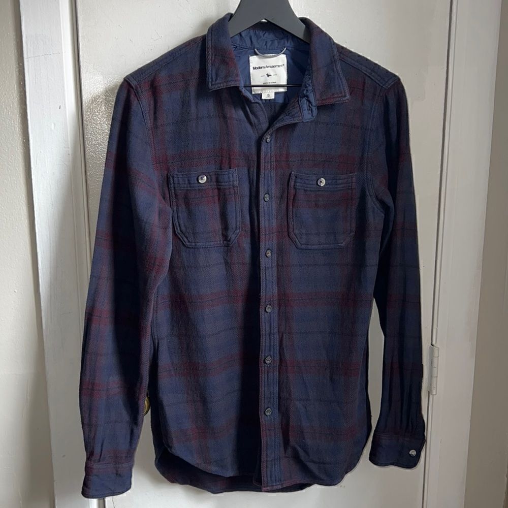MODERN AMUSEMENT Navy and Maroon Plaid Print Flannel Shirt-S